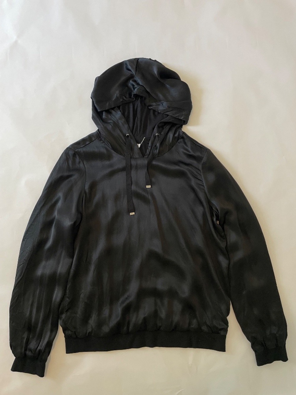 Cami NYC Black 100% Silk Satin Hooded Sweatshirt Top, Minimalist, Size XS